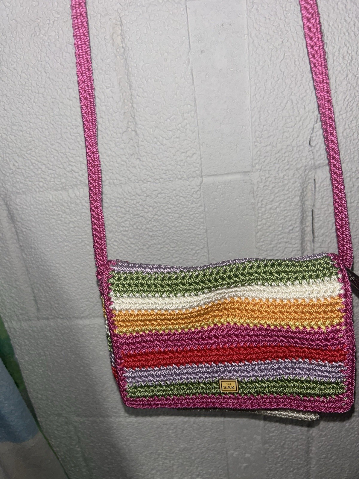 The Sak Striped Multicolor Crochet Crossbody Bag Zip Lined Pink Strap Logo