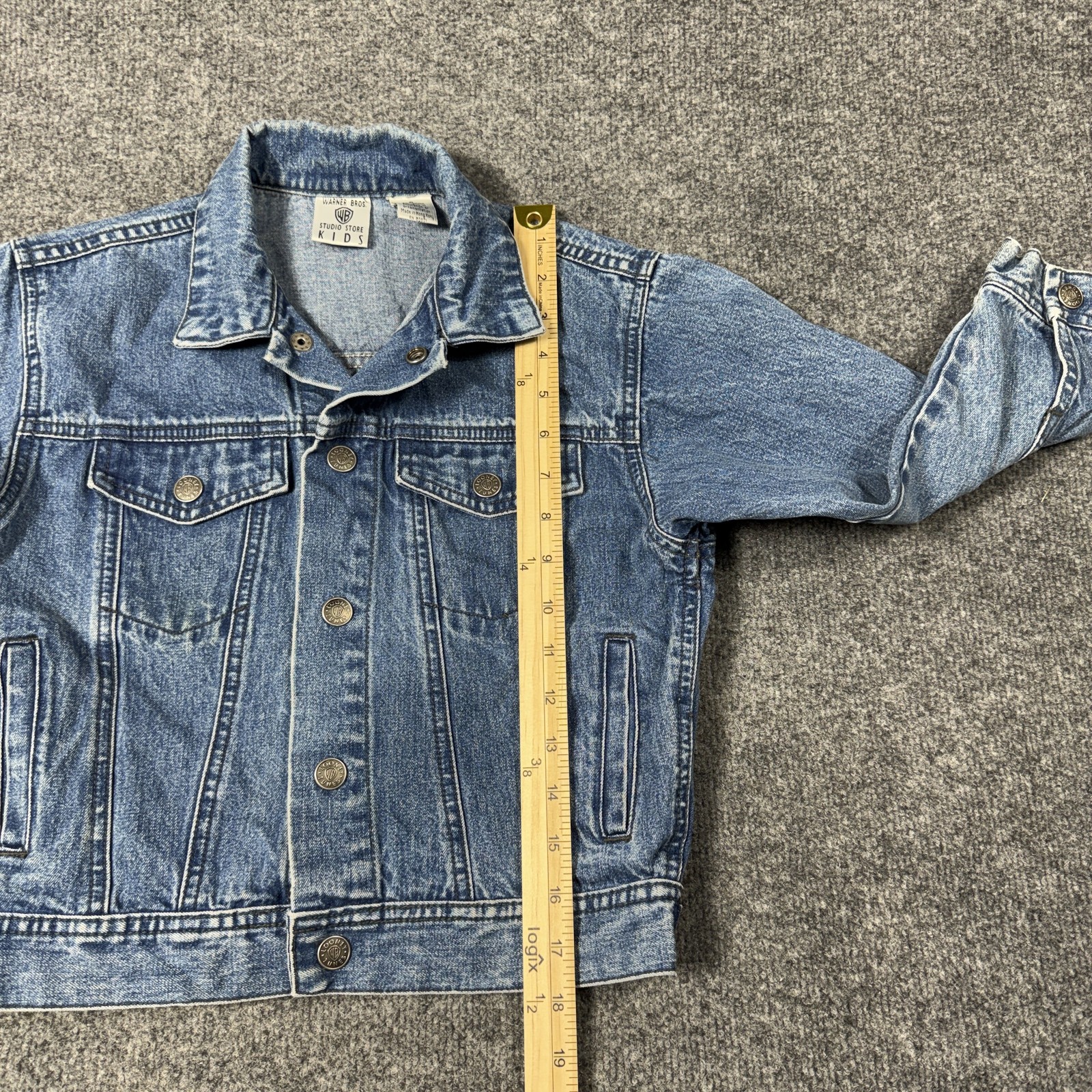 Vintage Warner Bros Jacket Kids Small Blue Denim Looney Tunes Back Graphic 90s