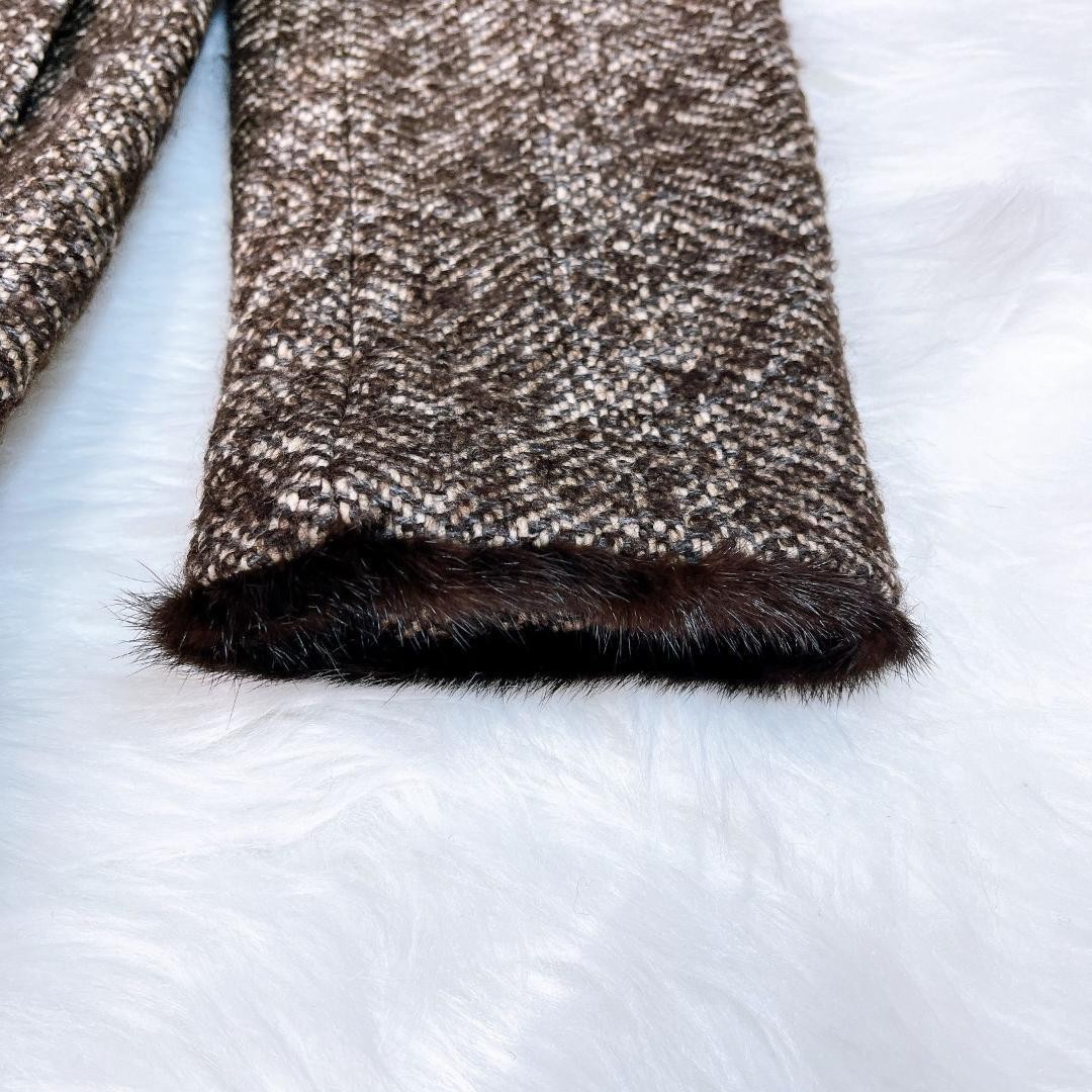 Max Mara mink fur coat, wool, brown tweed, size L