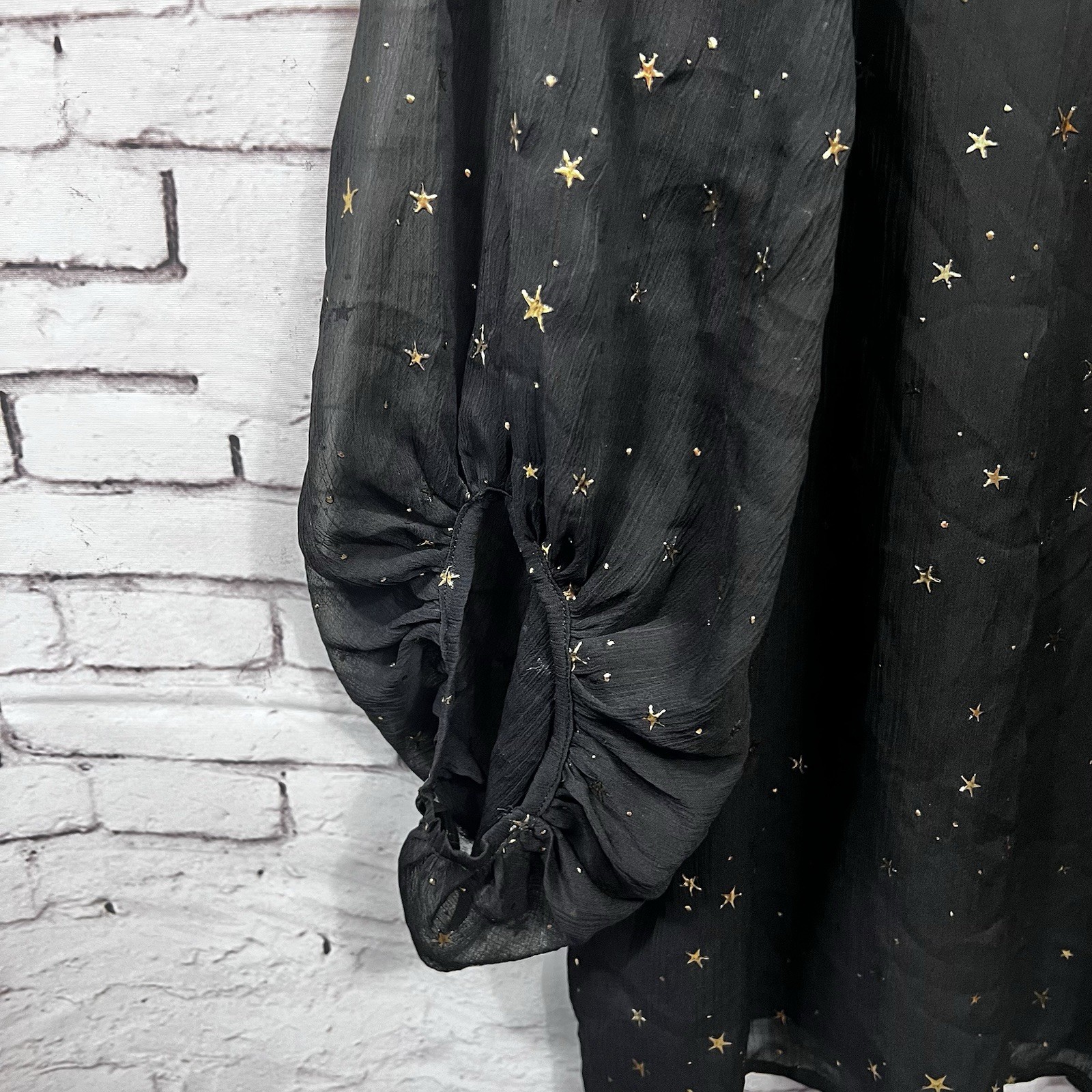 Entro Plus Size 1X NWat Blouse Black Gold Celestial Stars Sheer Long Sleeve