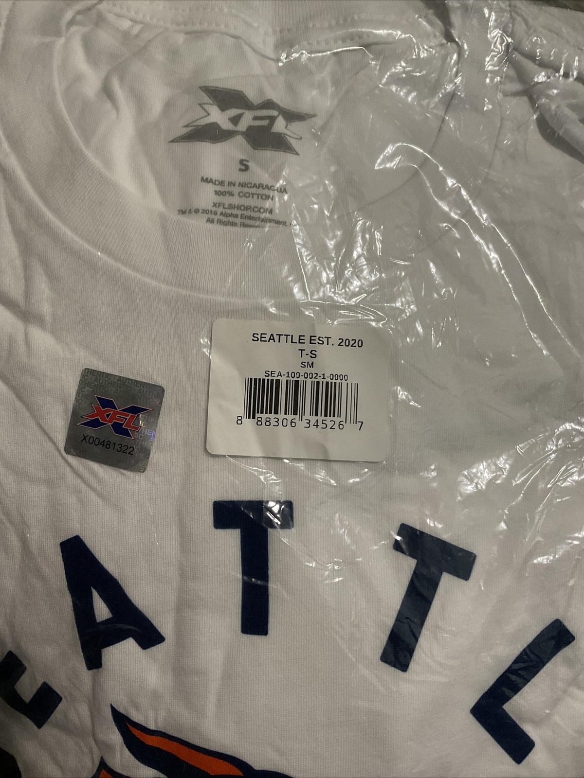 XFL Seattle Dragons Logo Tee T-Shirt White Top Size Small New Mens Womens