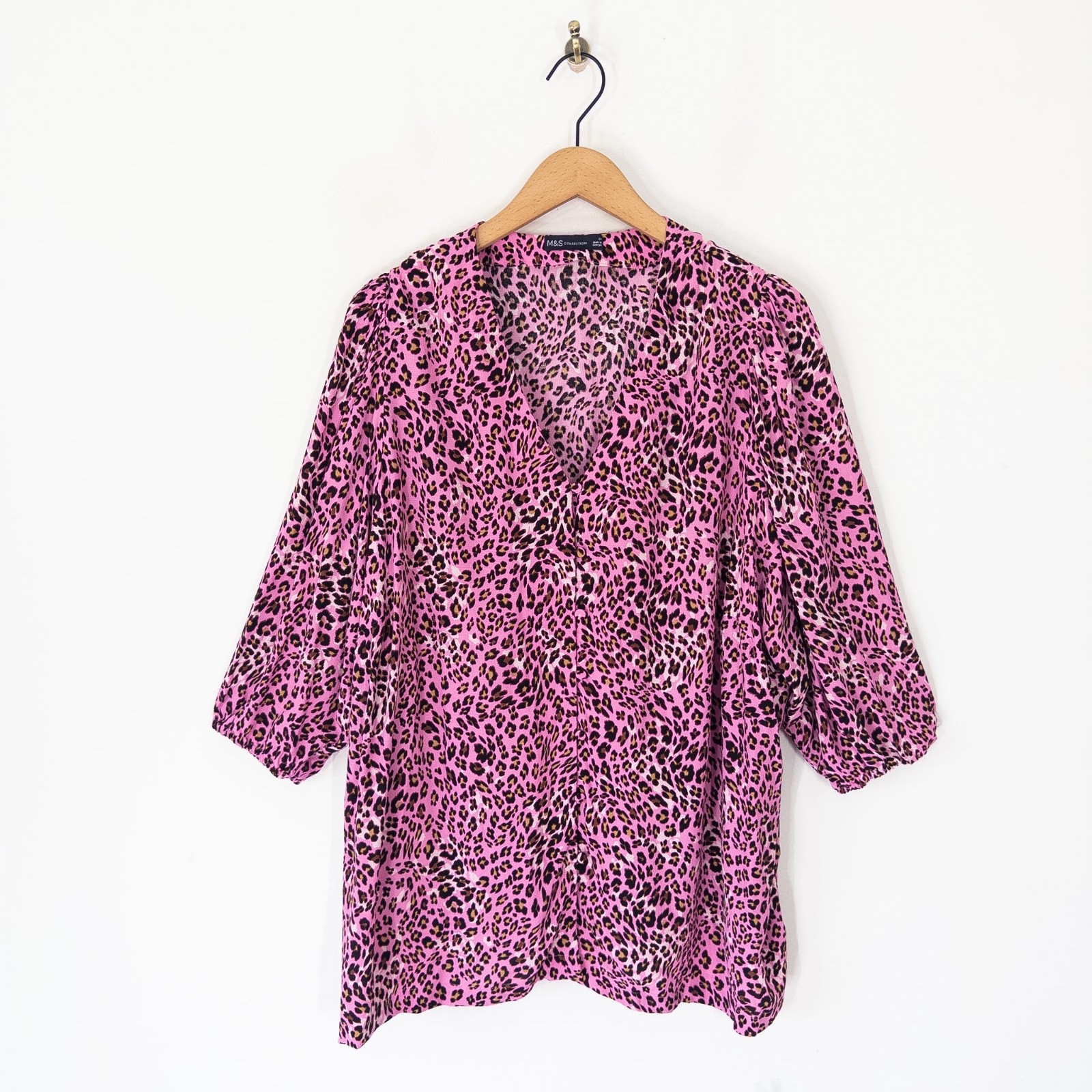 M&S Pink Leopard Animal Print Blouse Size 24 V Neck Blouson 3/4 Sleeve