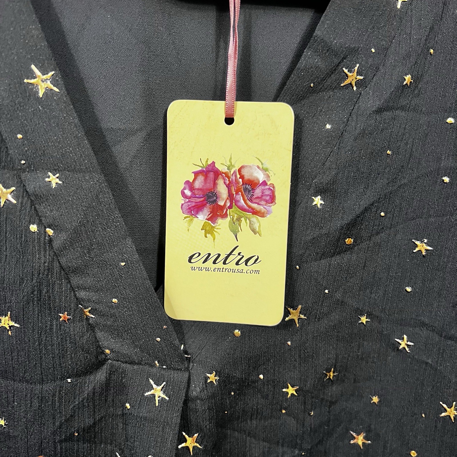 Entro Plus Size 1X NWat Blouse Black Gold Celestial Stars Sheer Long Sleeve