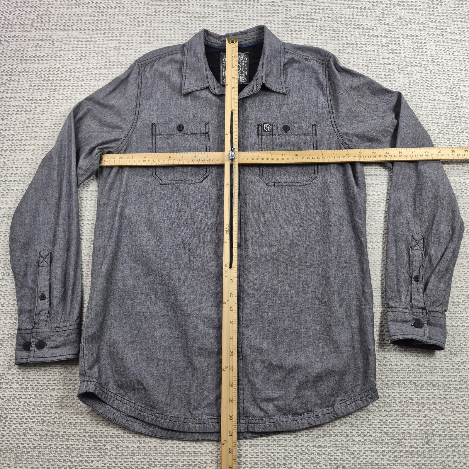 Metal Mulisha Button Up Shirt Mens Large Gray Herringbone Long Sleeve Casual
