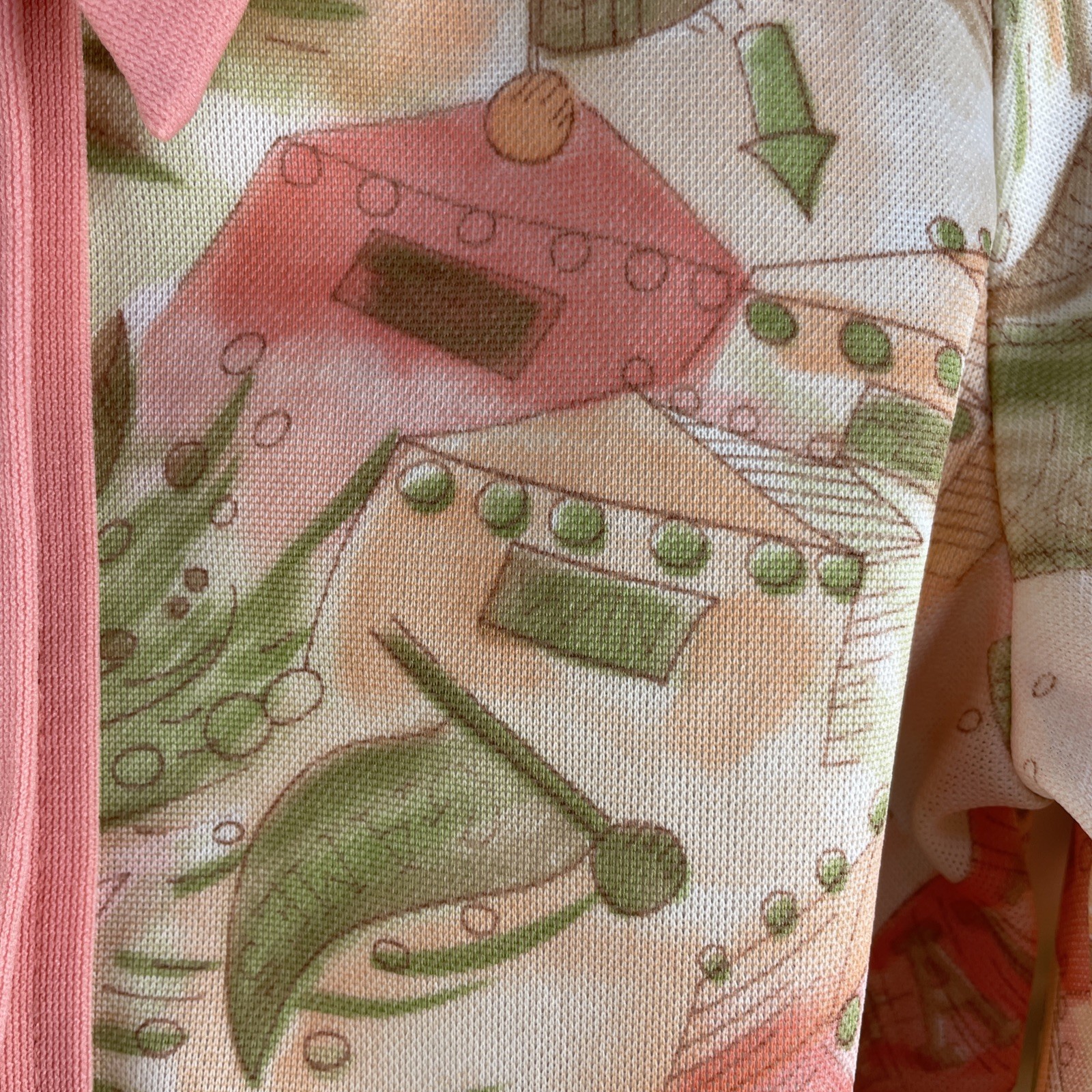 Vtg Novelty Print Polyester Blouse Retro Mod Women’s S Pink Green