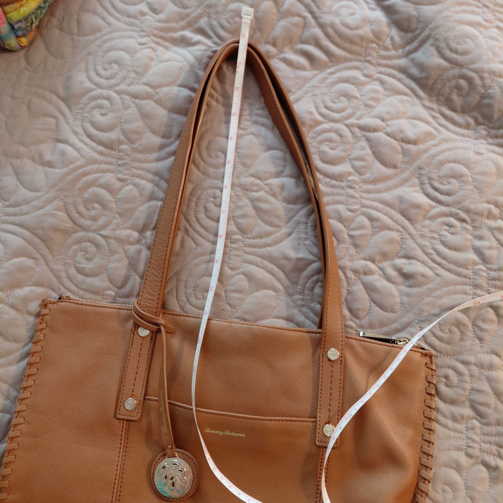Tommy Bahama big leather bag accent stitching logo hangtag