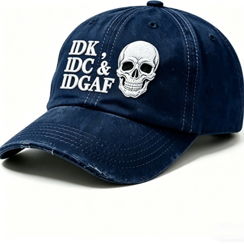 IDK IDC & IDGAF Skull Embroidered Vintage Washed Baseball Cap Funny Men Dad Hat