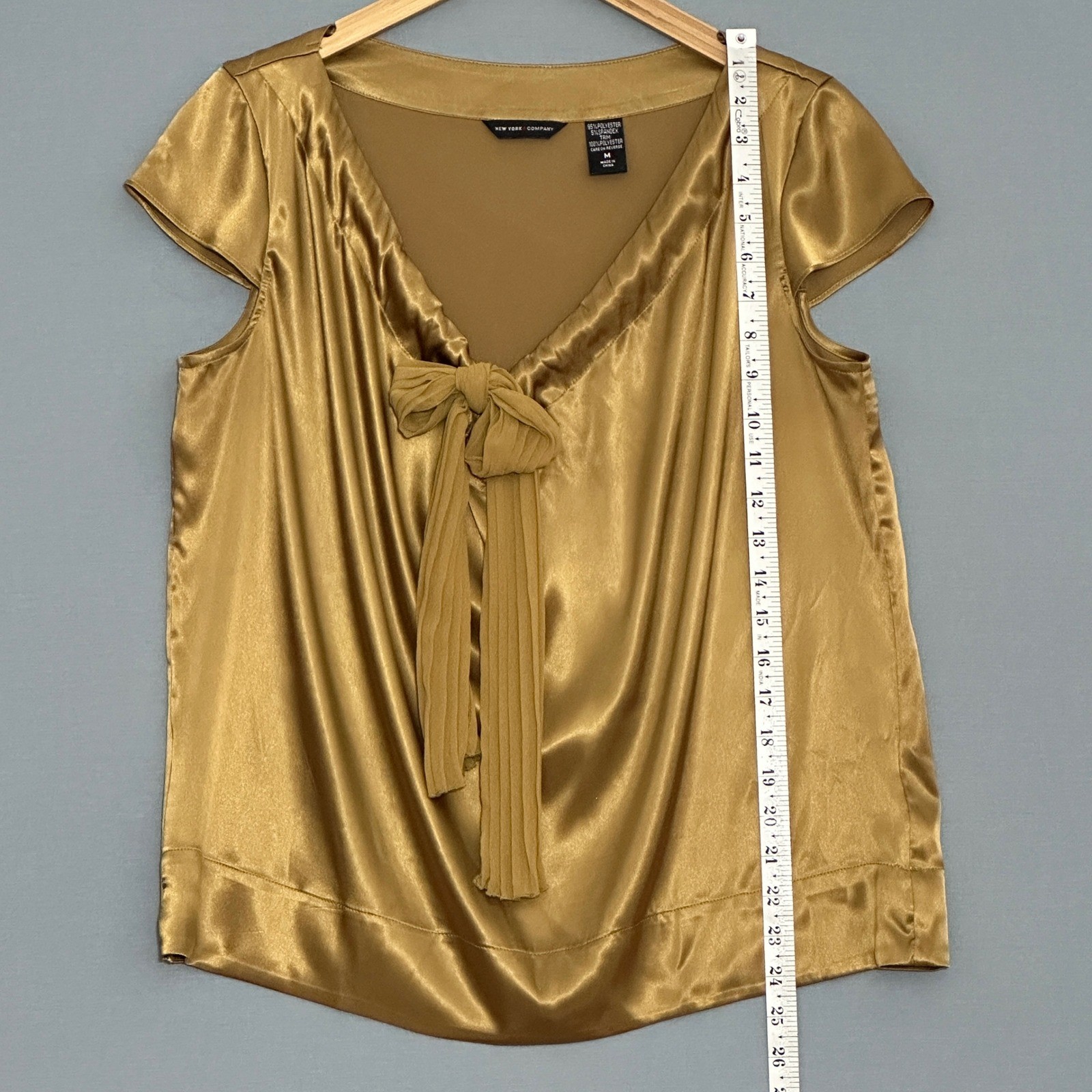 NY&C Womens Top M Gold Satin Chiffon Tie Feminine Coquette Regency Elegant Party