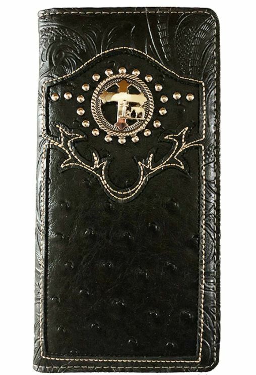 Men Wallet Western Bifold Check Book W069-30 Cross Praying Cowboy Black