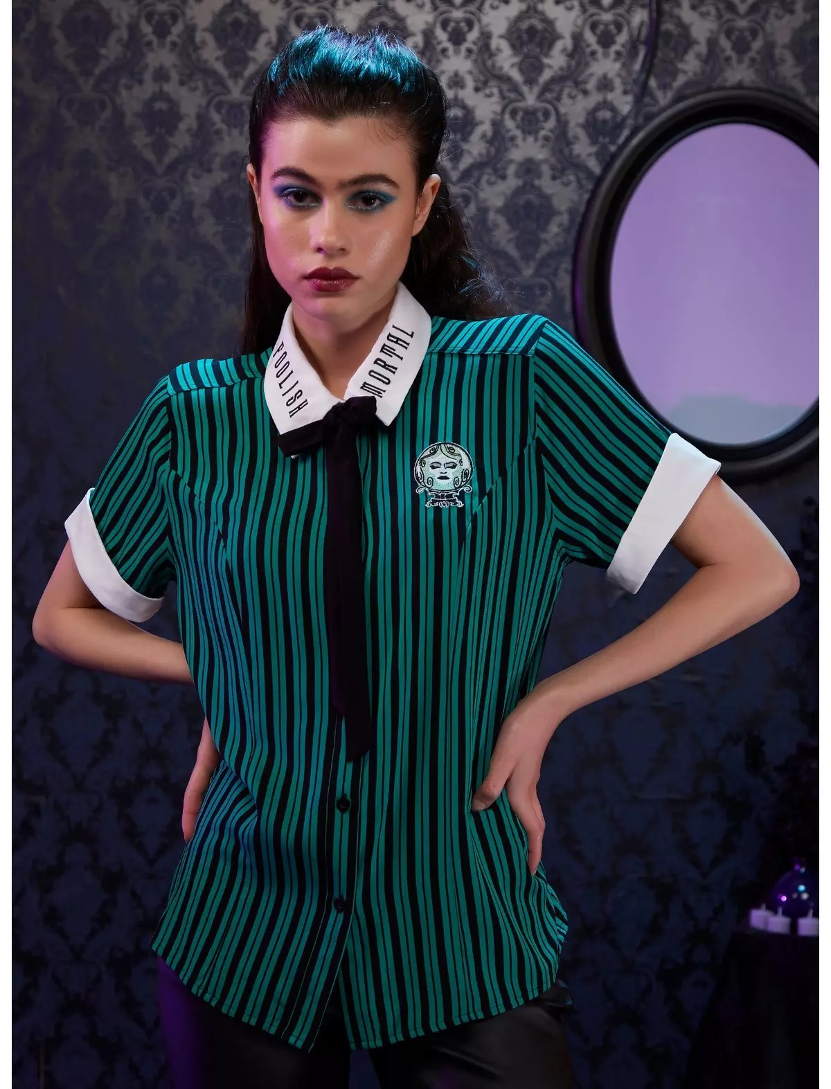 Disney Her Universe Haunted Mansion Leota Stripe Button Up Shirt Size Large NWOT