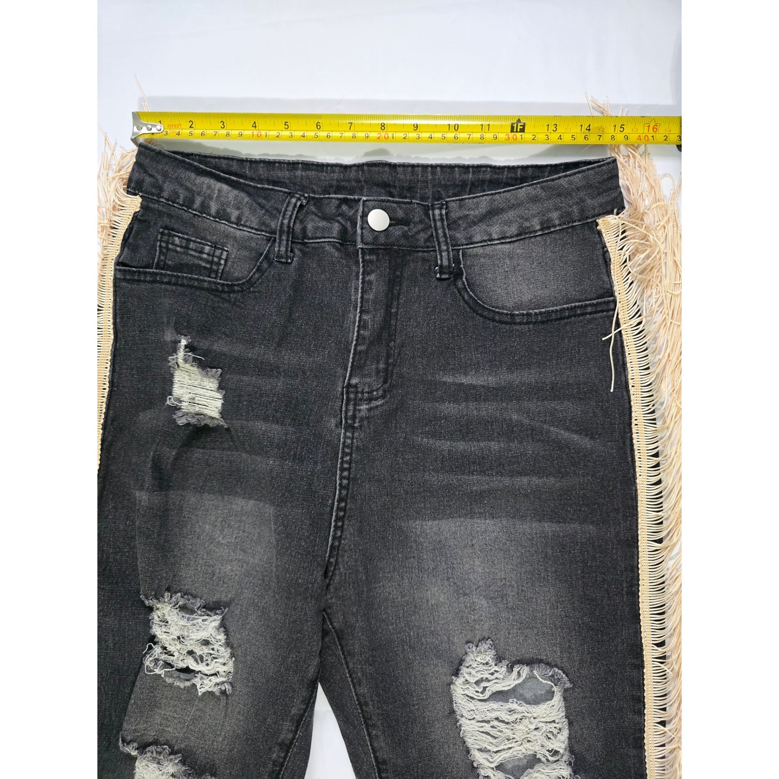 Shein Distressed Fringe Side Trim Jeans Black High Waisted Boho Ripped Denim M