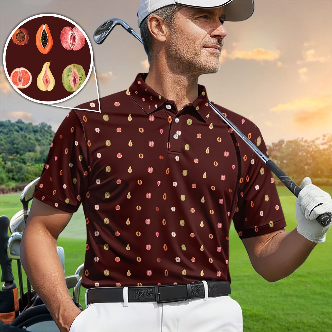 Fruits Abstract Pattern, Golf Polo, Crazy Golf Shirt, Golfer Gift.
