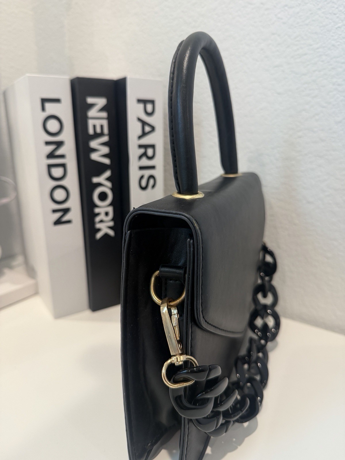 Women’s Black Satchel Top Handle Bag w/ Chain Strap, Gold Hardware, Charm