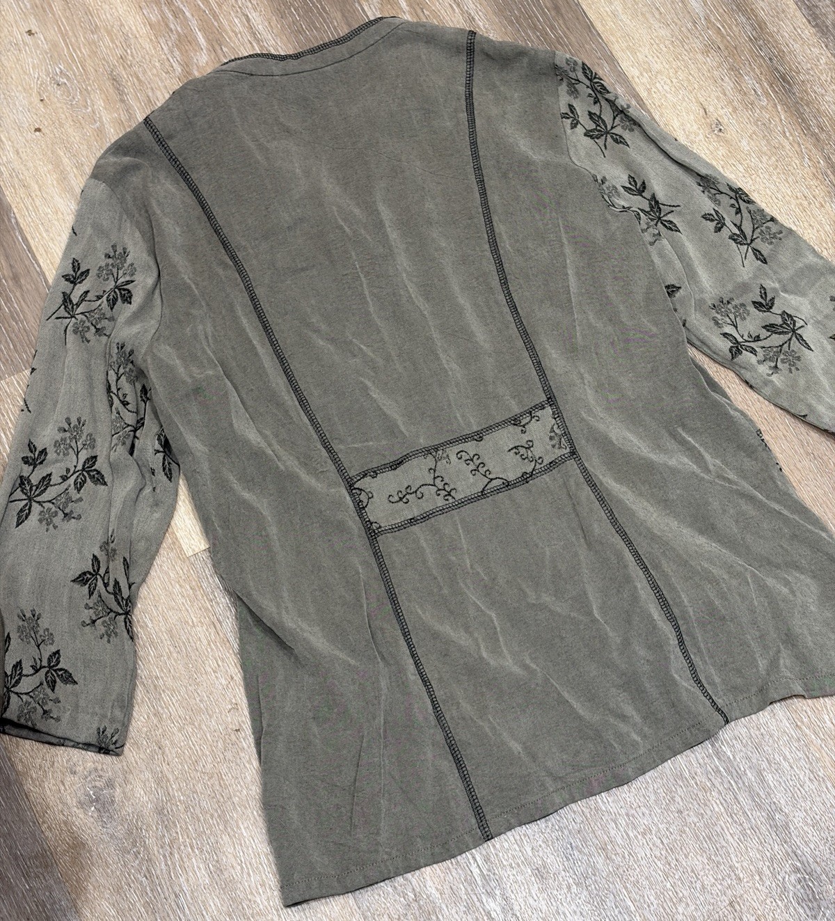 Vtg Embroidered Jacket Olive Green Button Up Shirt Floral Shacket M Goblincore