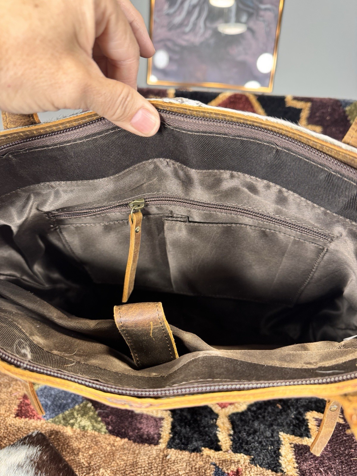 Rafter T Ranch pouches & Western Brown/White Cowhide Zip Laptop Tote