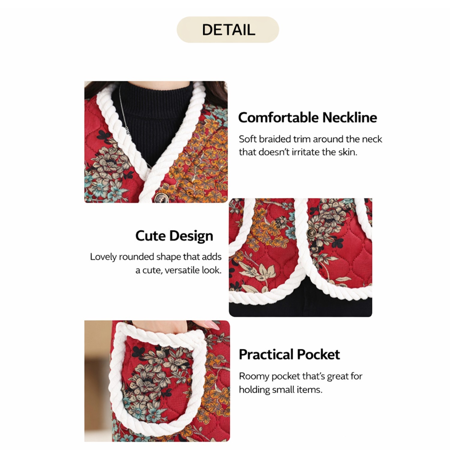 Korean Kimjang Vest, Retro Floral Quilted Design with Warm Fleece Lining