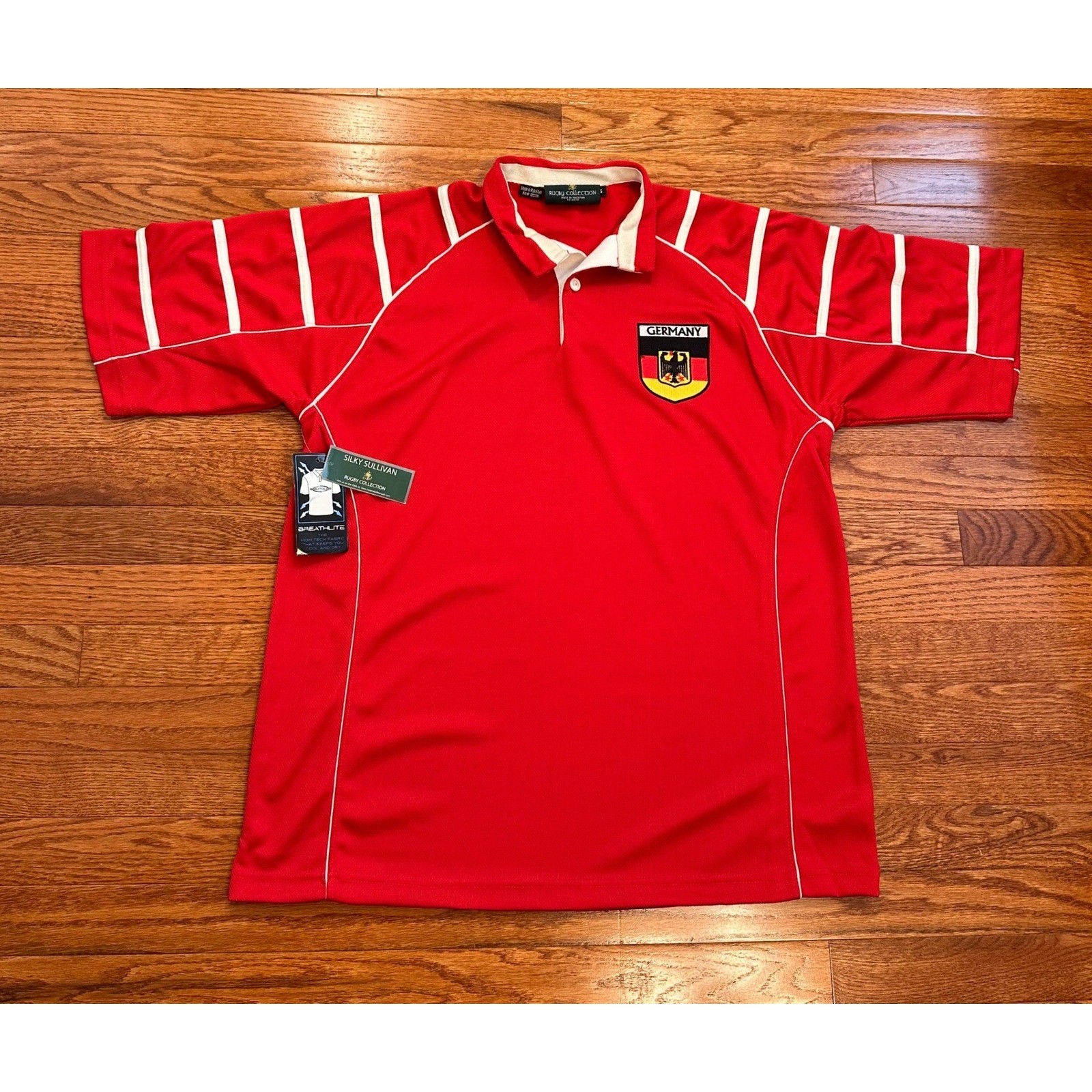 New Silky Sullivan Germany Rugby Polo Shirt Jersey Mens Small Red Stretch Tech