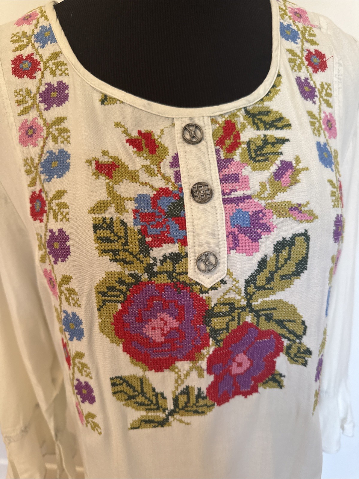 Parsley and Sage Cross Stitch Floral Bohemian Peasant Blouse Tunic Size Large