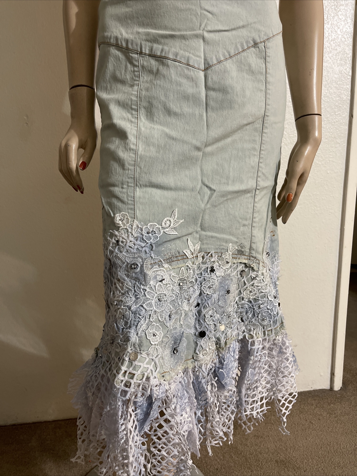 Light Blue Denim Cotton Embroidery Lace Bead Boho Size XL(10-12) Skirt SK 708