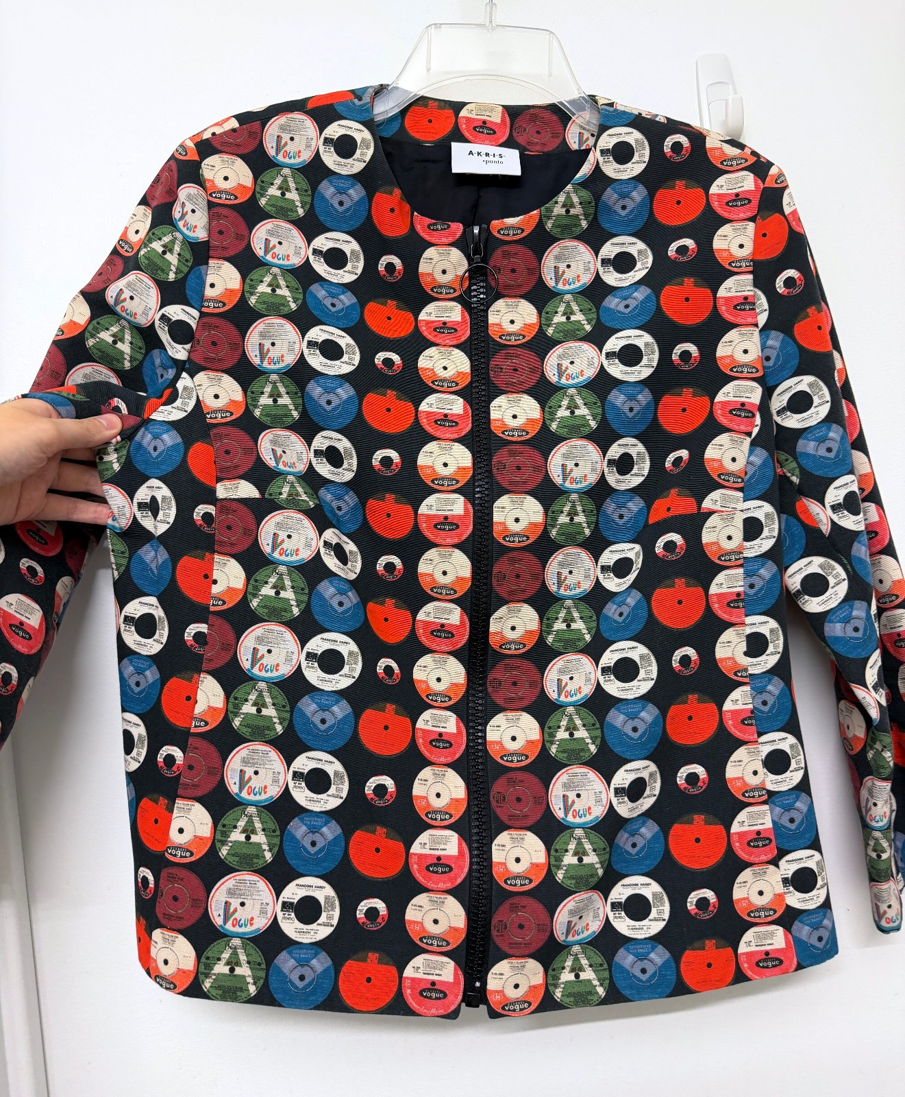 Akris Punto Record Print Jacket Top Dots Circles Vinyl CDs Colorful Full Zip 14