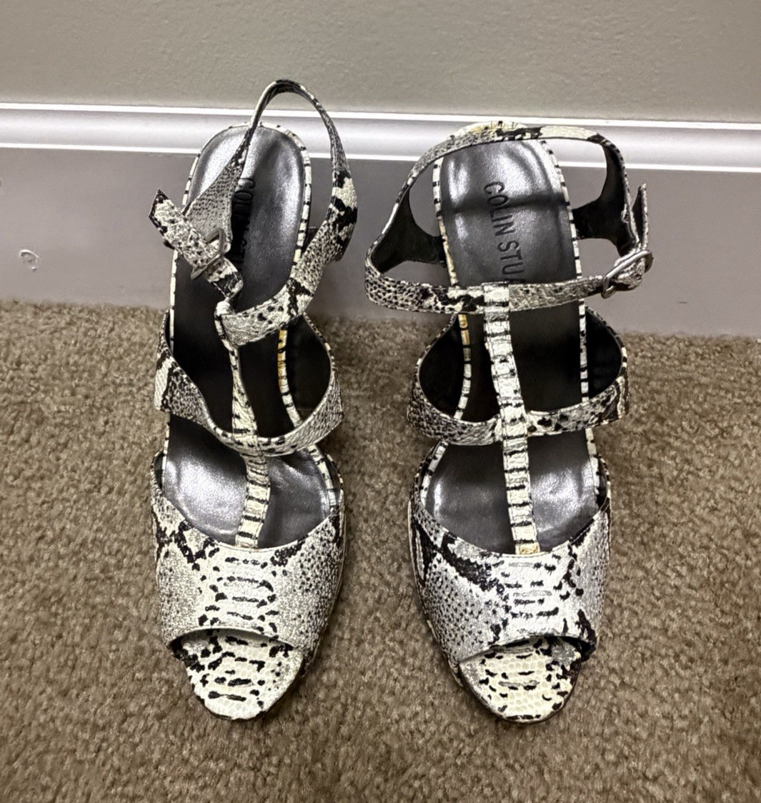 Colin Stuart Women’s Leather Strappy Snake Print Ankle Strap Heels US 7