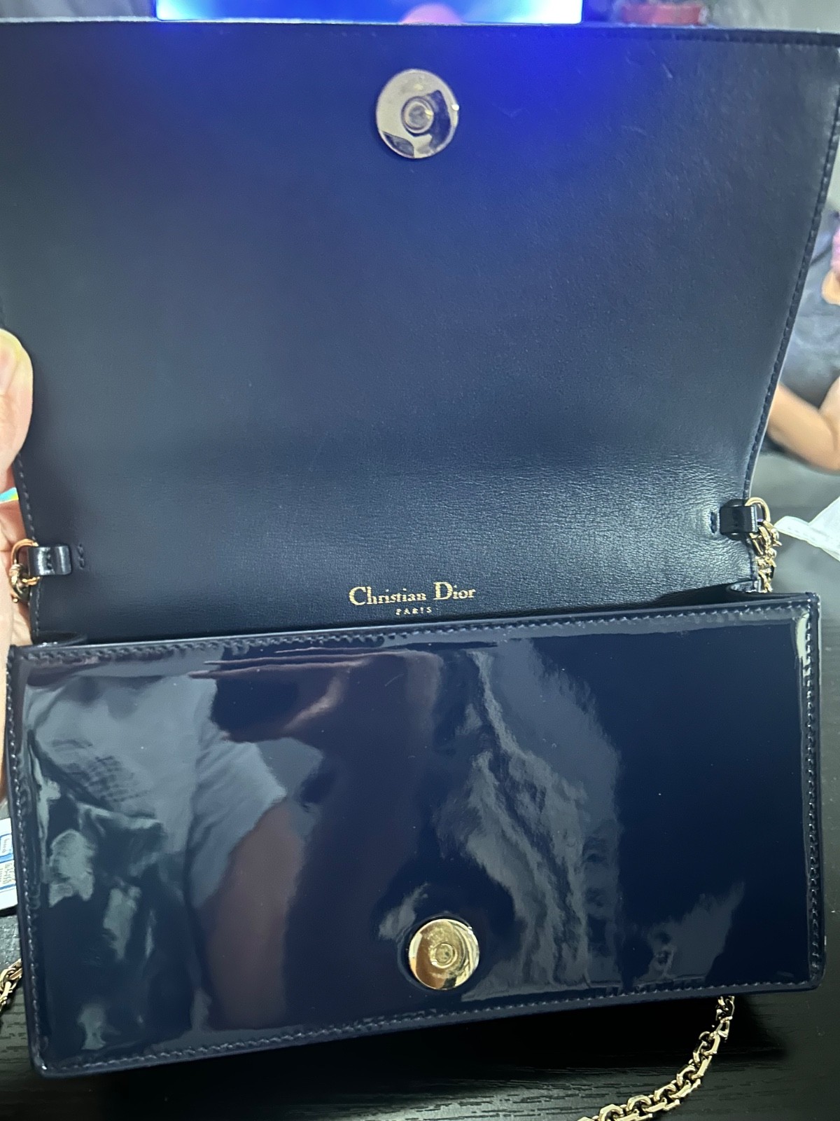 Christian Dior Lady Dior Cannage Patent Leather WOC Chain Bag Navy Blue