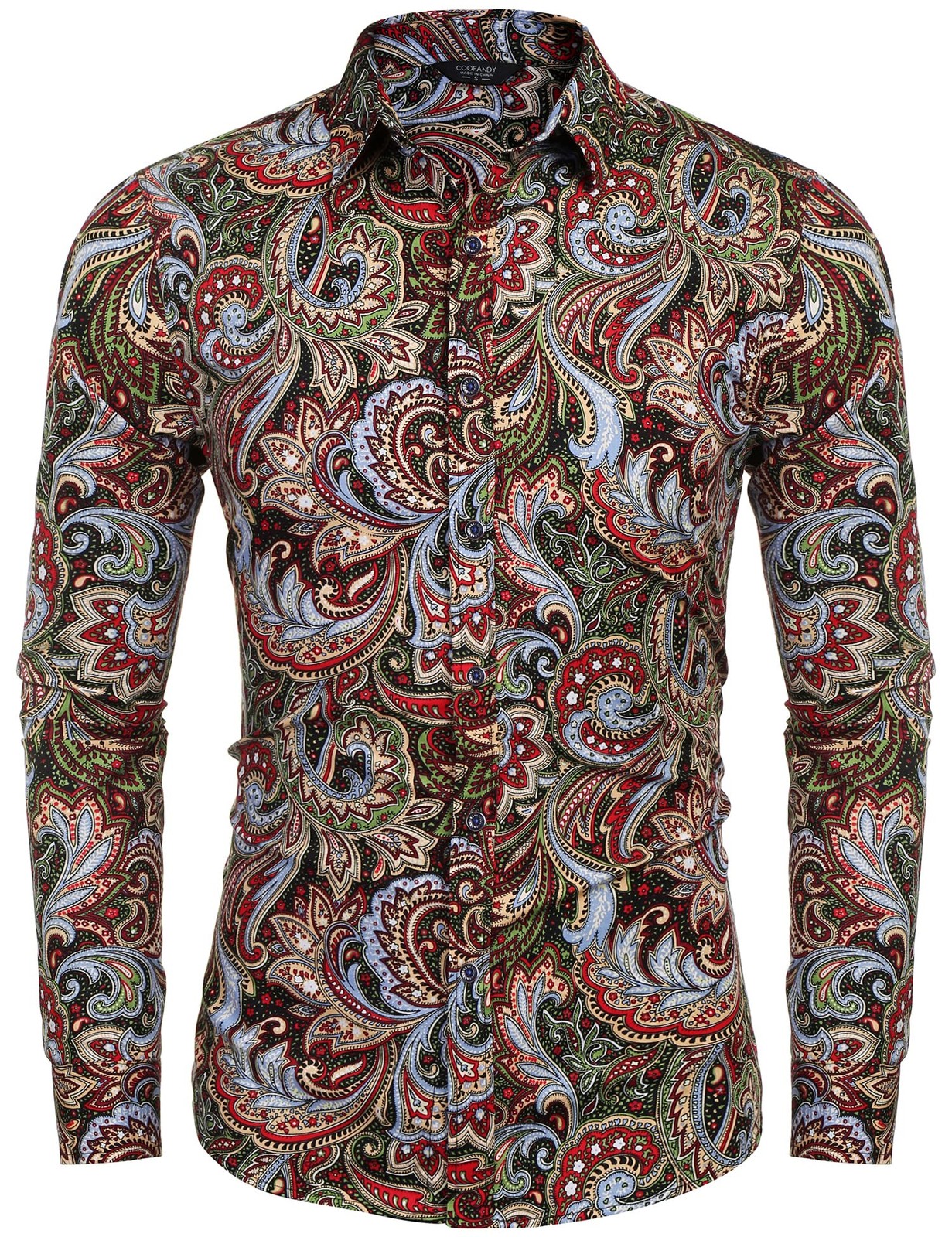 Men’s Floral Print Button Down Casual Long Sleeve Hawaiian Shirt(Wine Red,L)