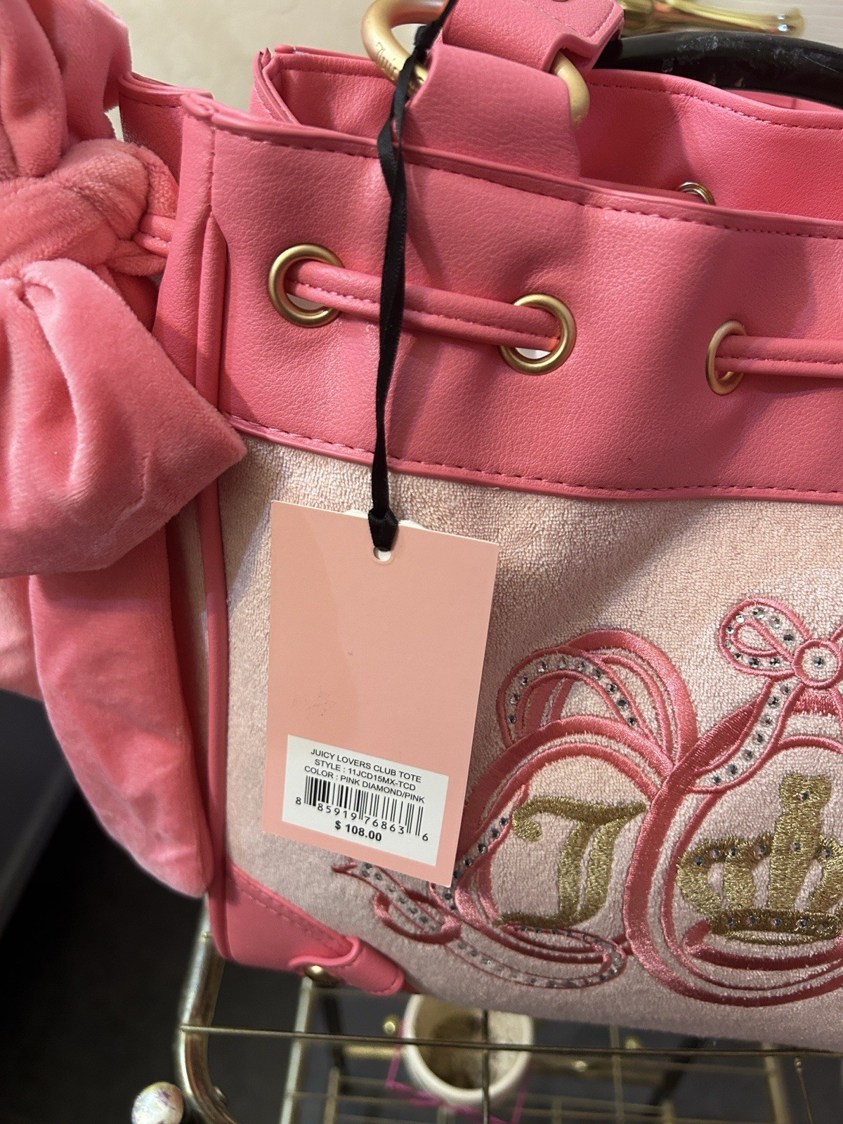 Juicy Couture Pink Logo Tote Shoulder Bag Bow Heart Charm Drawstring Gold