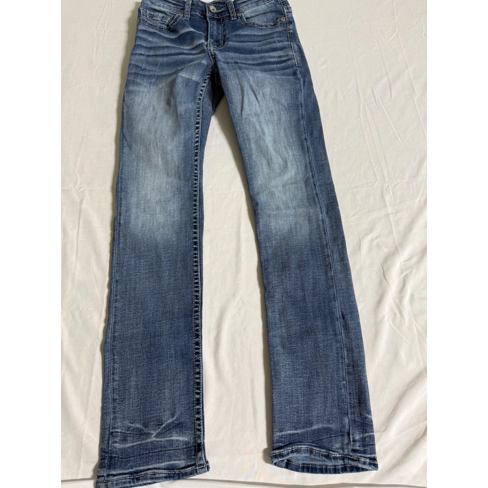 BKE Alec Straight Leg Jeans Womens 28×32 Medium Wash Distressed Contrast Stitch