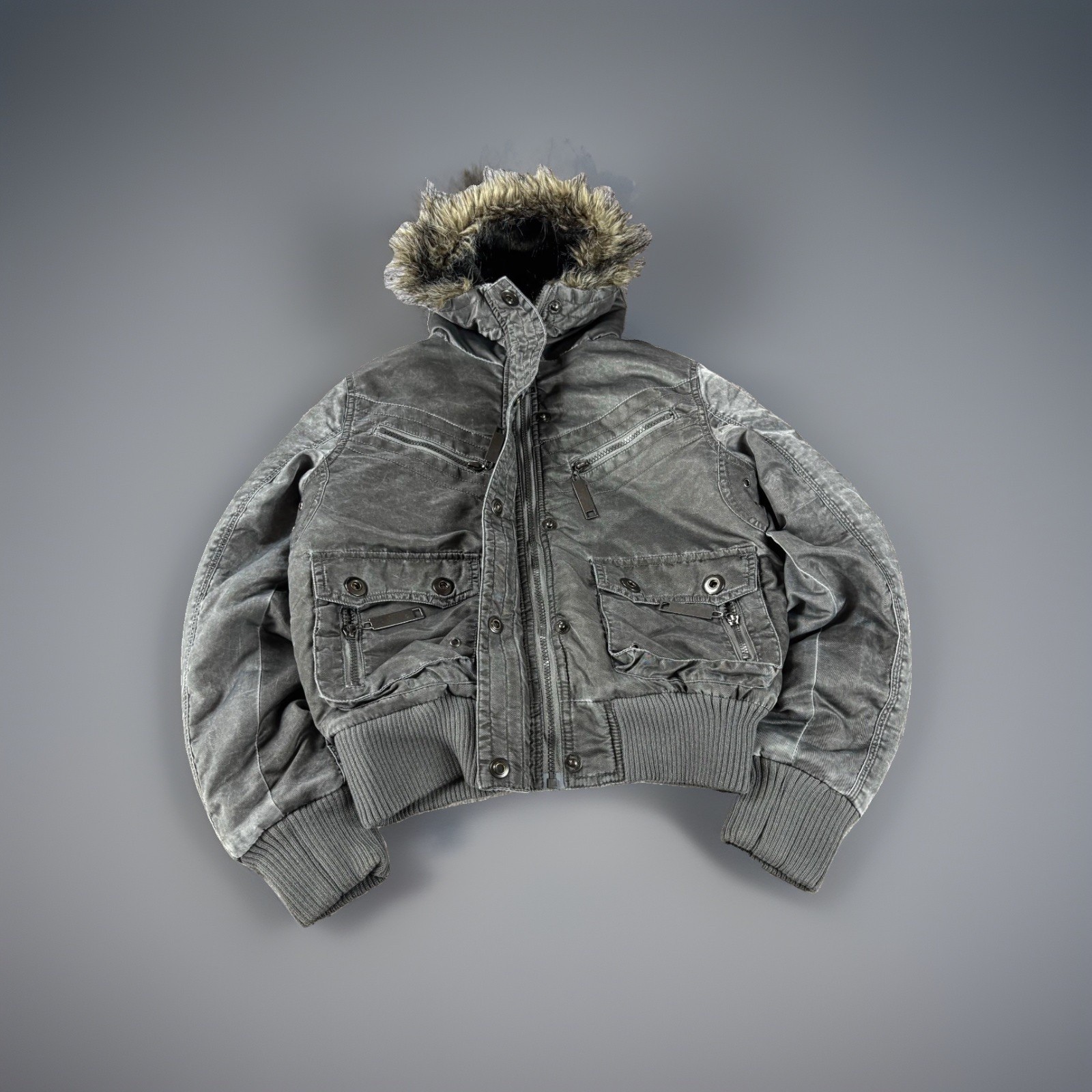 2000s Cropped Archive Washed Fur Hood Zip Bomber Jacket Y2K Streetwear CRAZY!