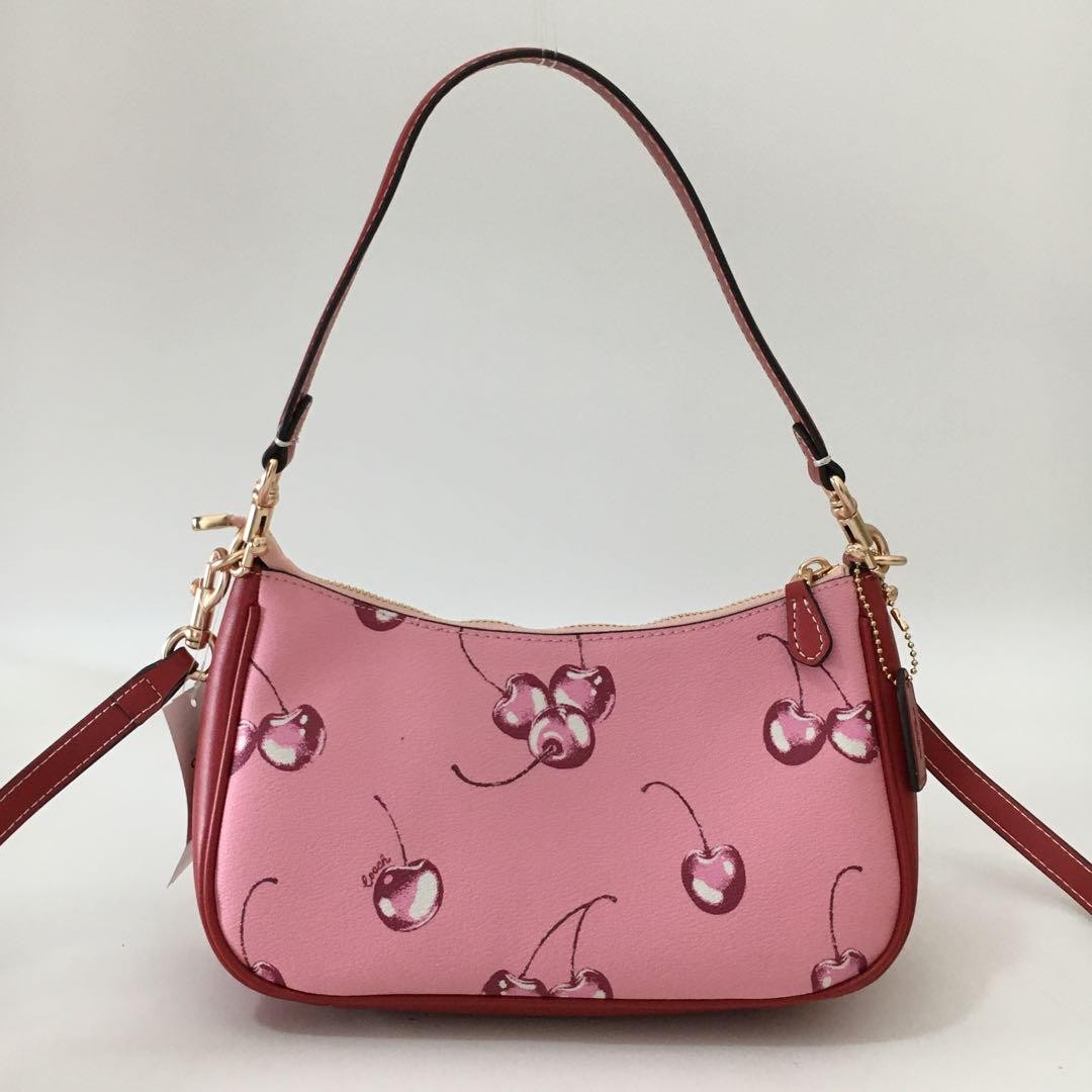 Coach CR290 Teri Shoulder Bag Pink Cherry Print Coated Canvas Leather Outlet