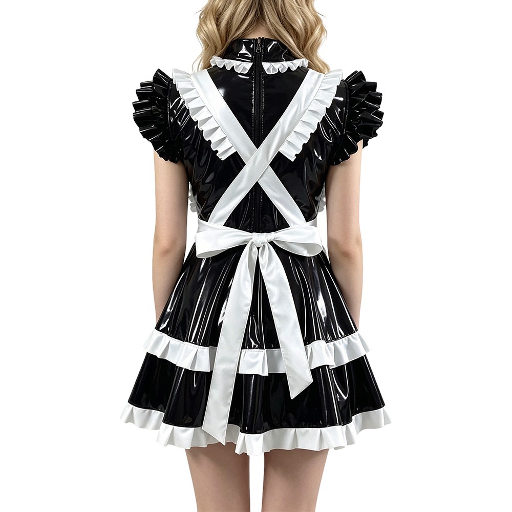 Lolita Maid Uniforms PVC Leather Party Sleeveless Pleated Maid Dress with Apron