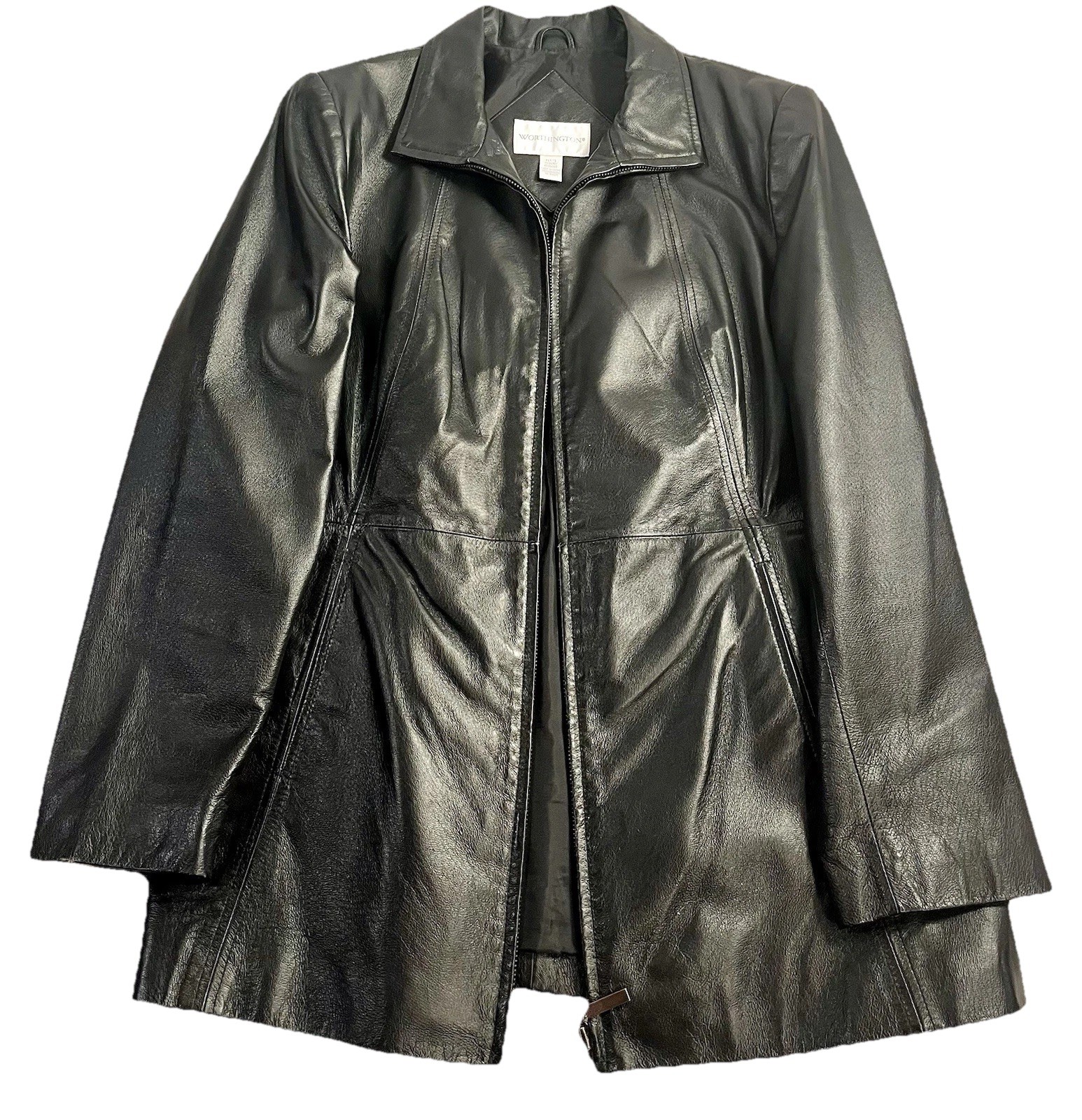 Worthington Womens Black Leather Jacket Belted Lined Biker Petite Medium Grunge