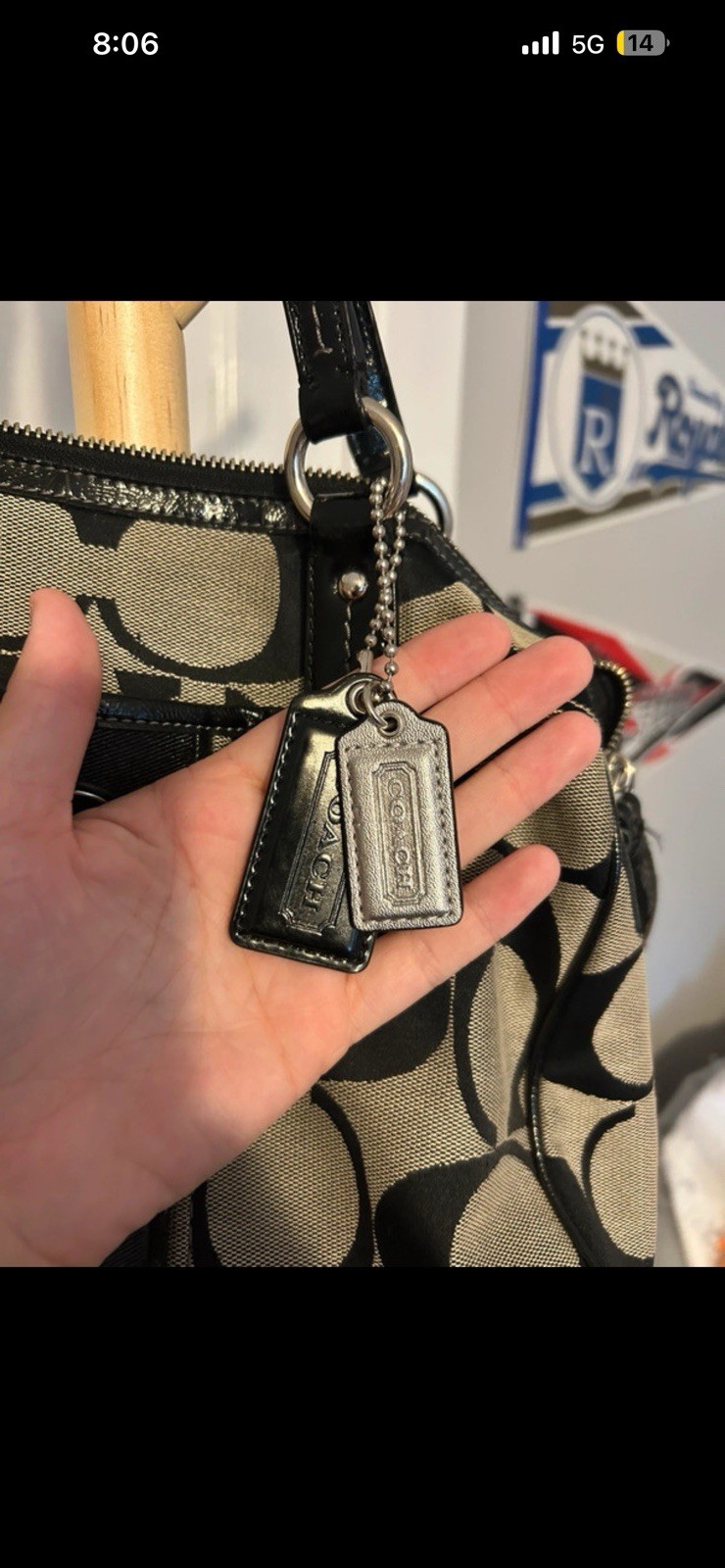 Coach Black/Beige Signature Logo Satchel Bag Zip Closure Silver Hardware Pockets