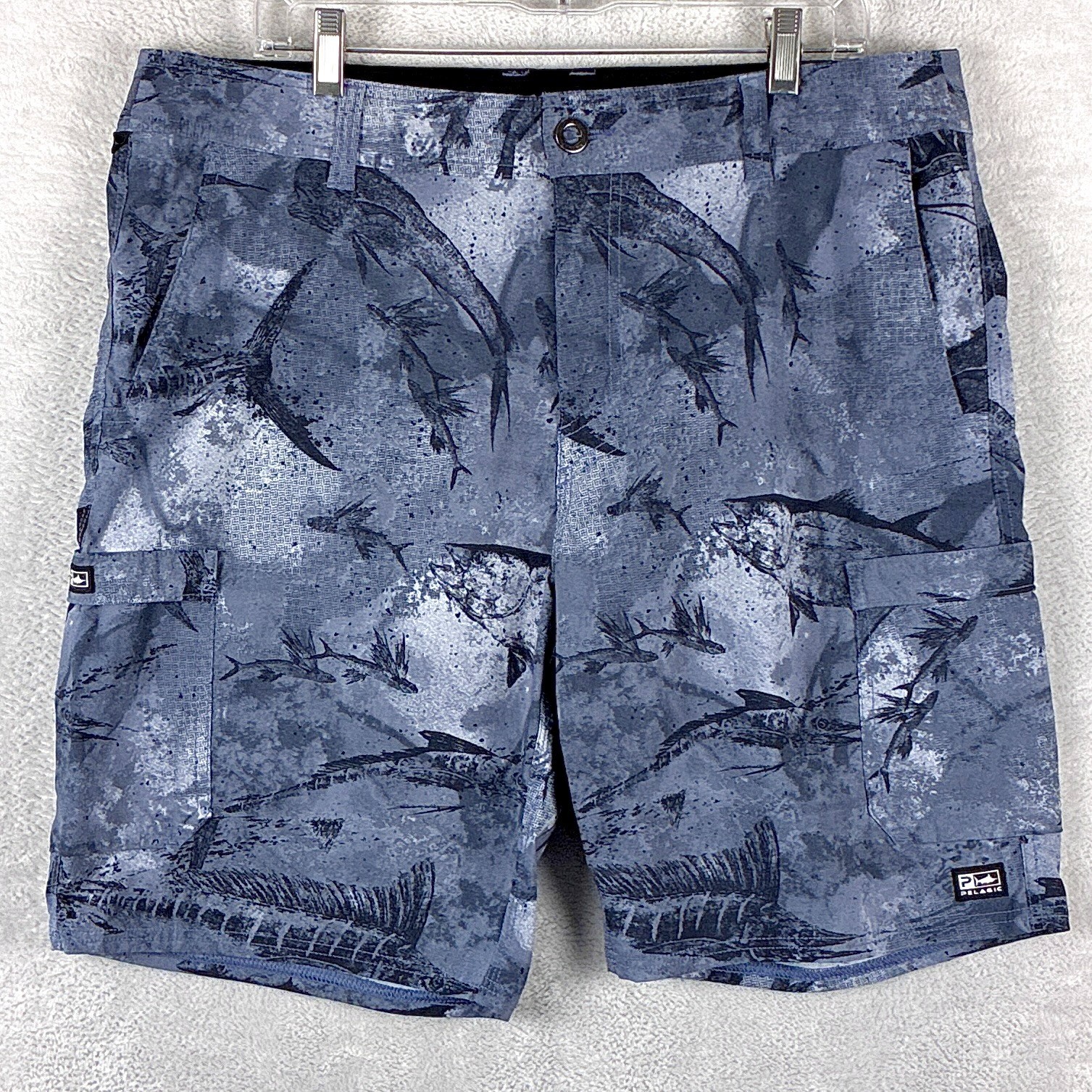 Pelagic Shorts Mens 36 (38) Blue Fish AOP Shortfin Hybrid Performance Fishing