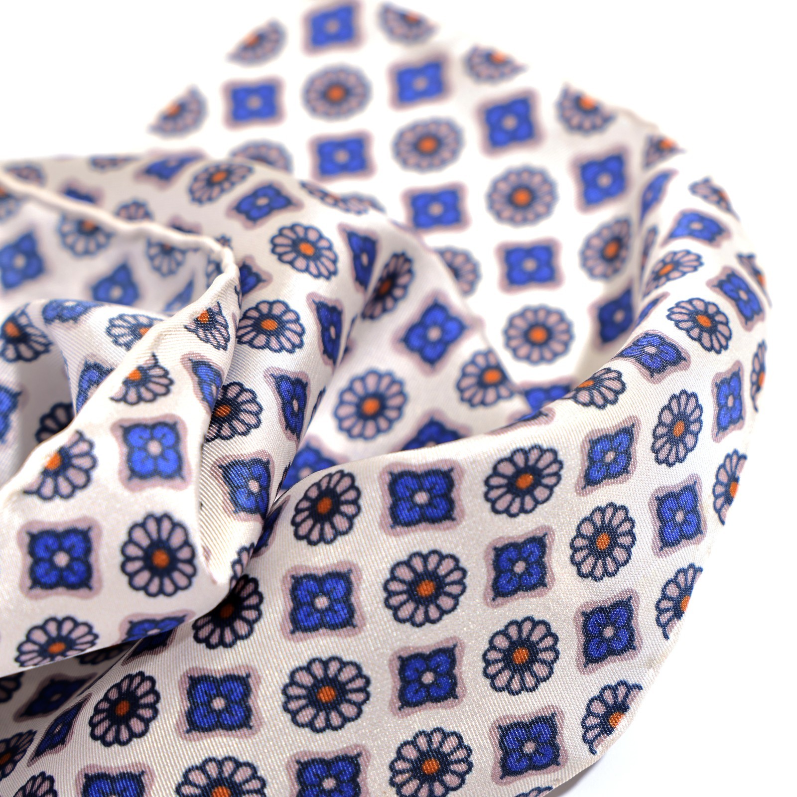 Men’s 100% Silk White Blue Micro Floral Pocket Square Hand Rolled Wedding 11.8″