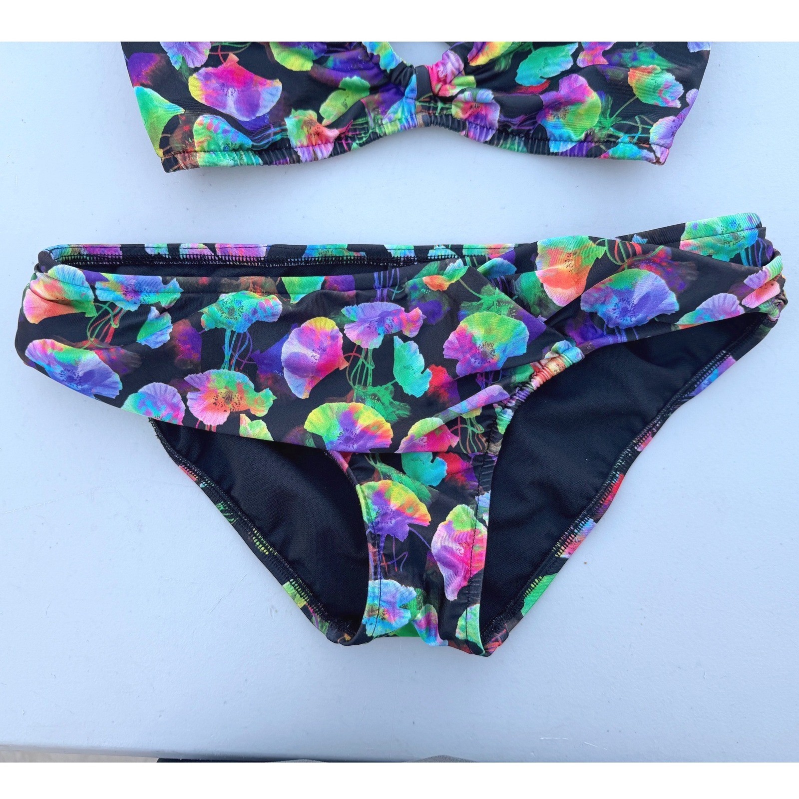 Allen B Neon Floral Bikini Set Halter Top Bottoms Festival Black Multi 10 12