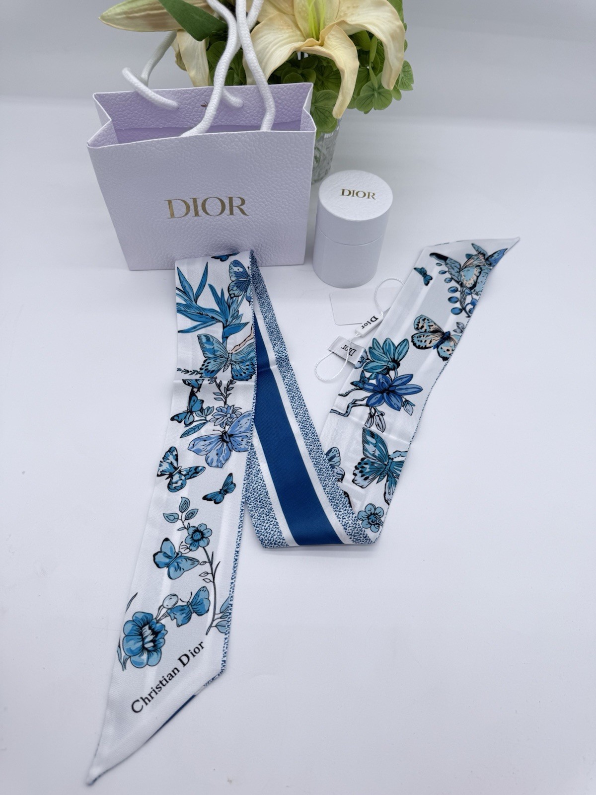 Christian Dior GWP Silk Ribbon Scarf Blue Floral Butterfly Print 41.3″ Gift Box