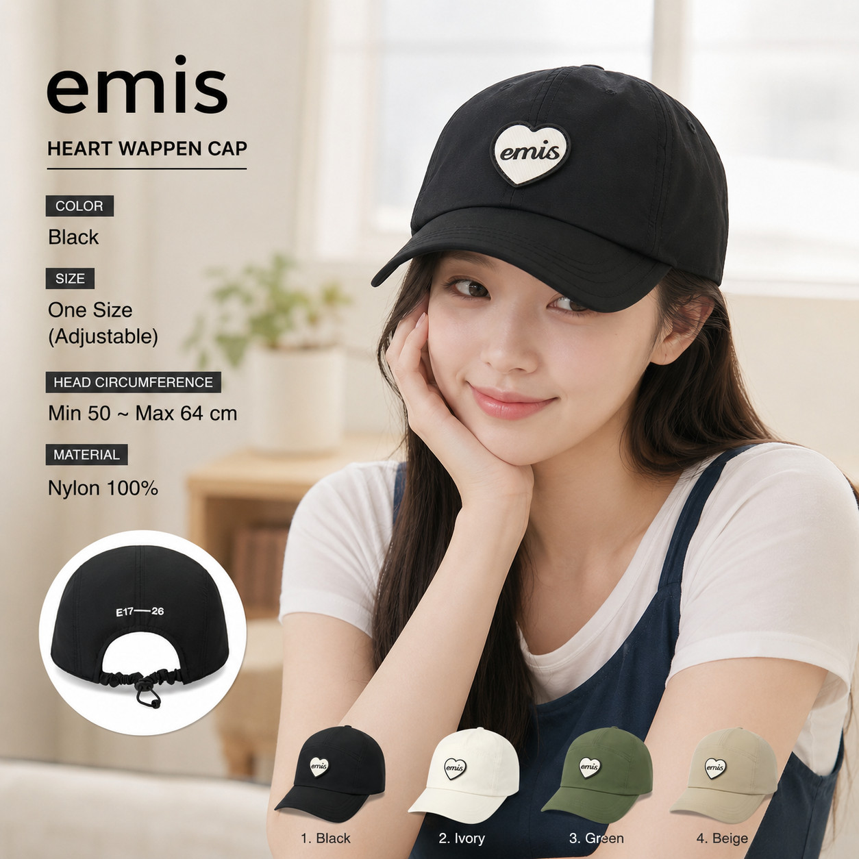 EMIS Heart Rubber Patch Camp Cap Black Unisex Adult Sports Hat