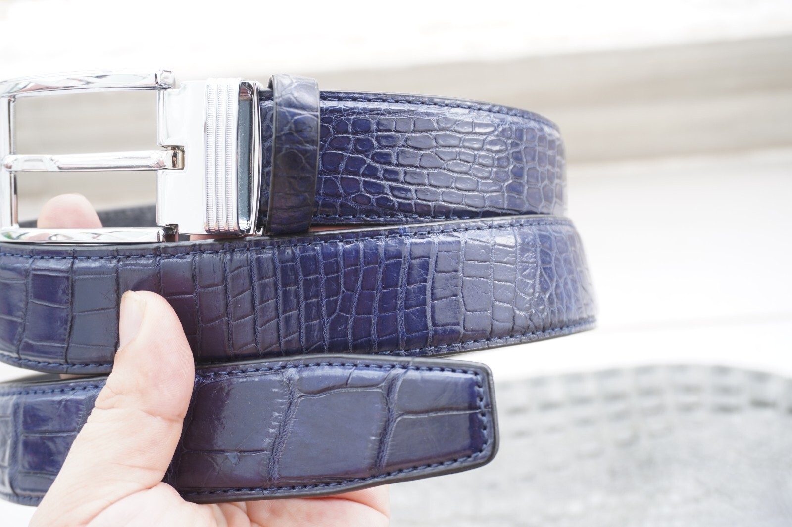 W1.3 inch Blue Real Crocodile Belly Leather Skin Men’s Belt Pin Buckle #L52