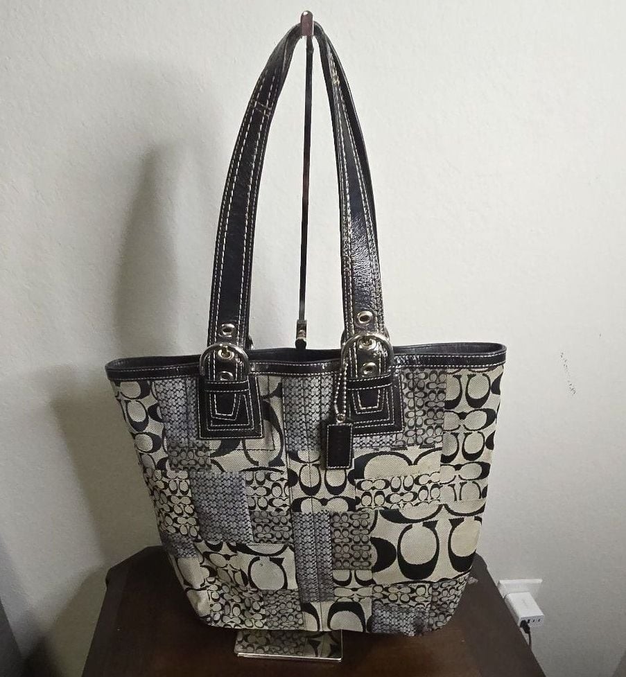 Coach Signature Patchwork Canvas and Patent Leather Trim Tote Bag
