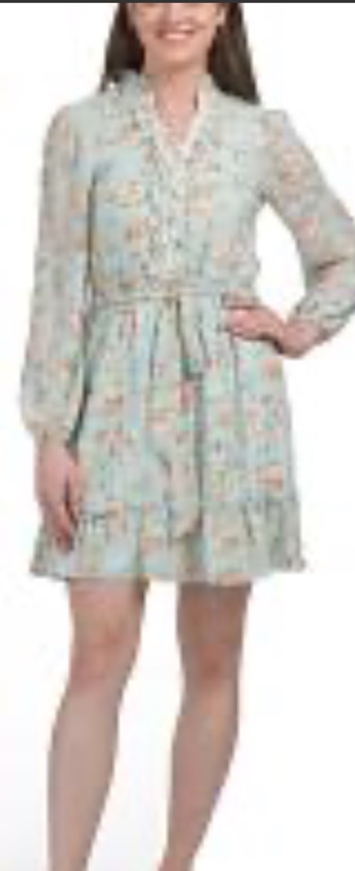 Joie Womens Green Floral V-Neck Long Sleeve Chiffon Ruffle Tie Mini Dress S