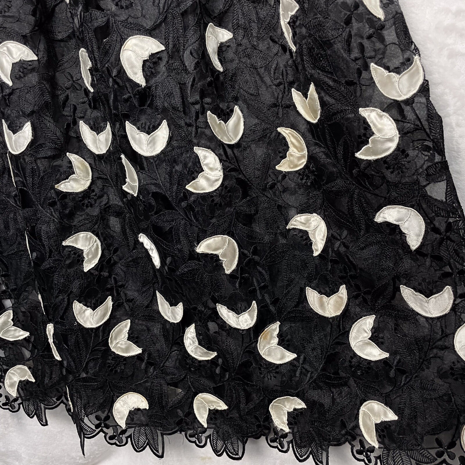 VTG Richilene New York Appliqué Dress Black White Floral Lace 14 L Union 80s USA