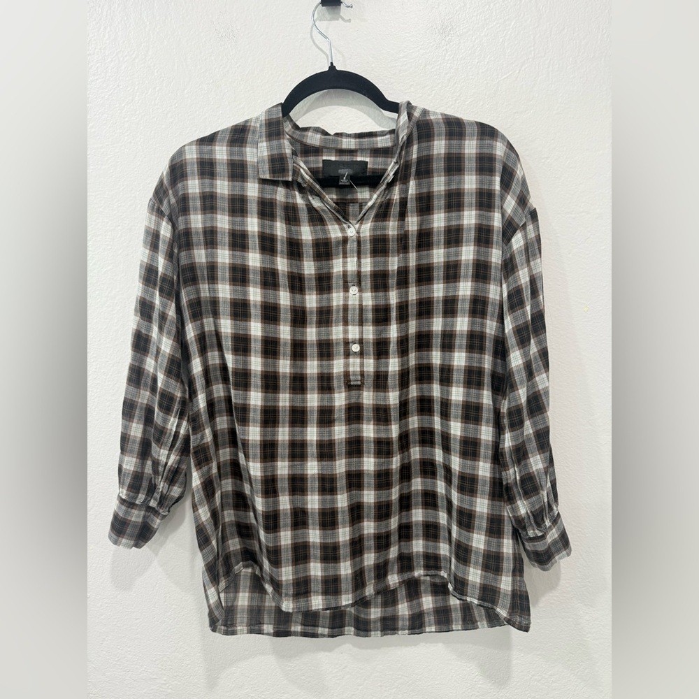 Nili Lotan Myra Brown Plaid Button-Down Shirt in size Small