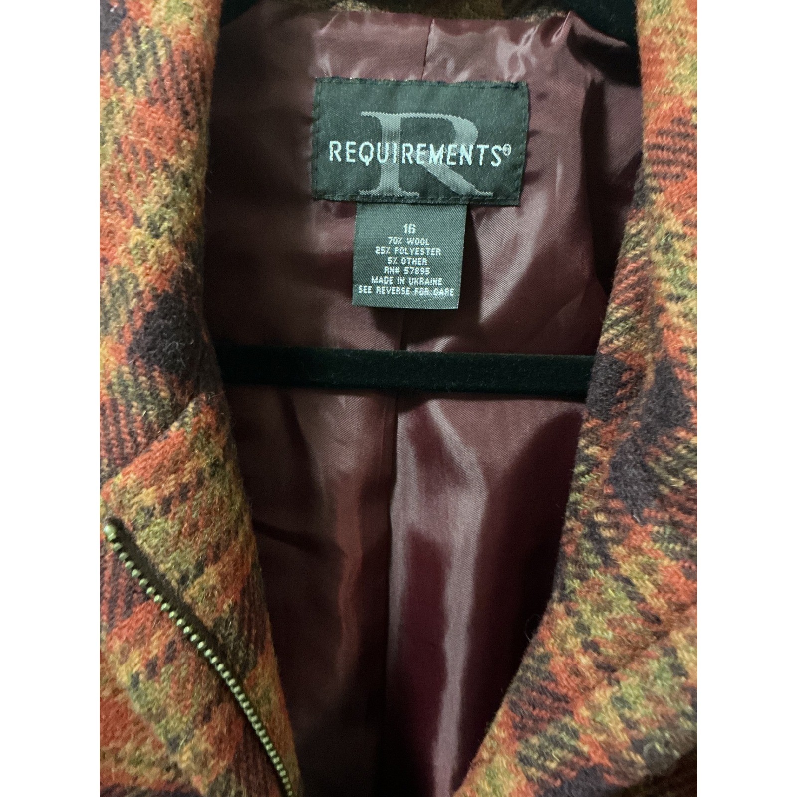 Requirements Womens Wool Blend Plaid Zip Front Jacket Blazer Rust Burgundy Sz 16