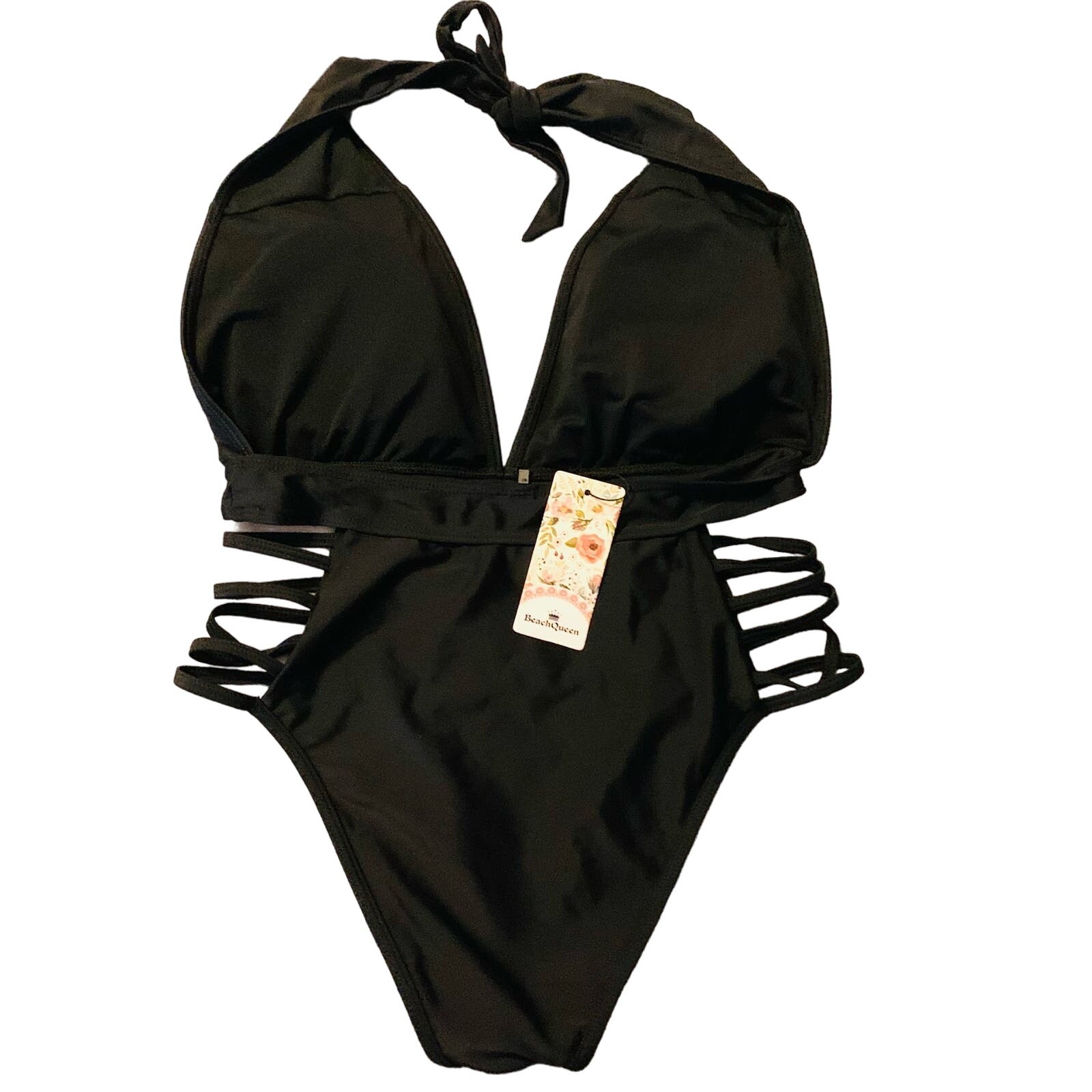 NEW BeachQueen Swimsuit Large Black Tie Halter Deep Plunge V-Neck Cutout Hips