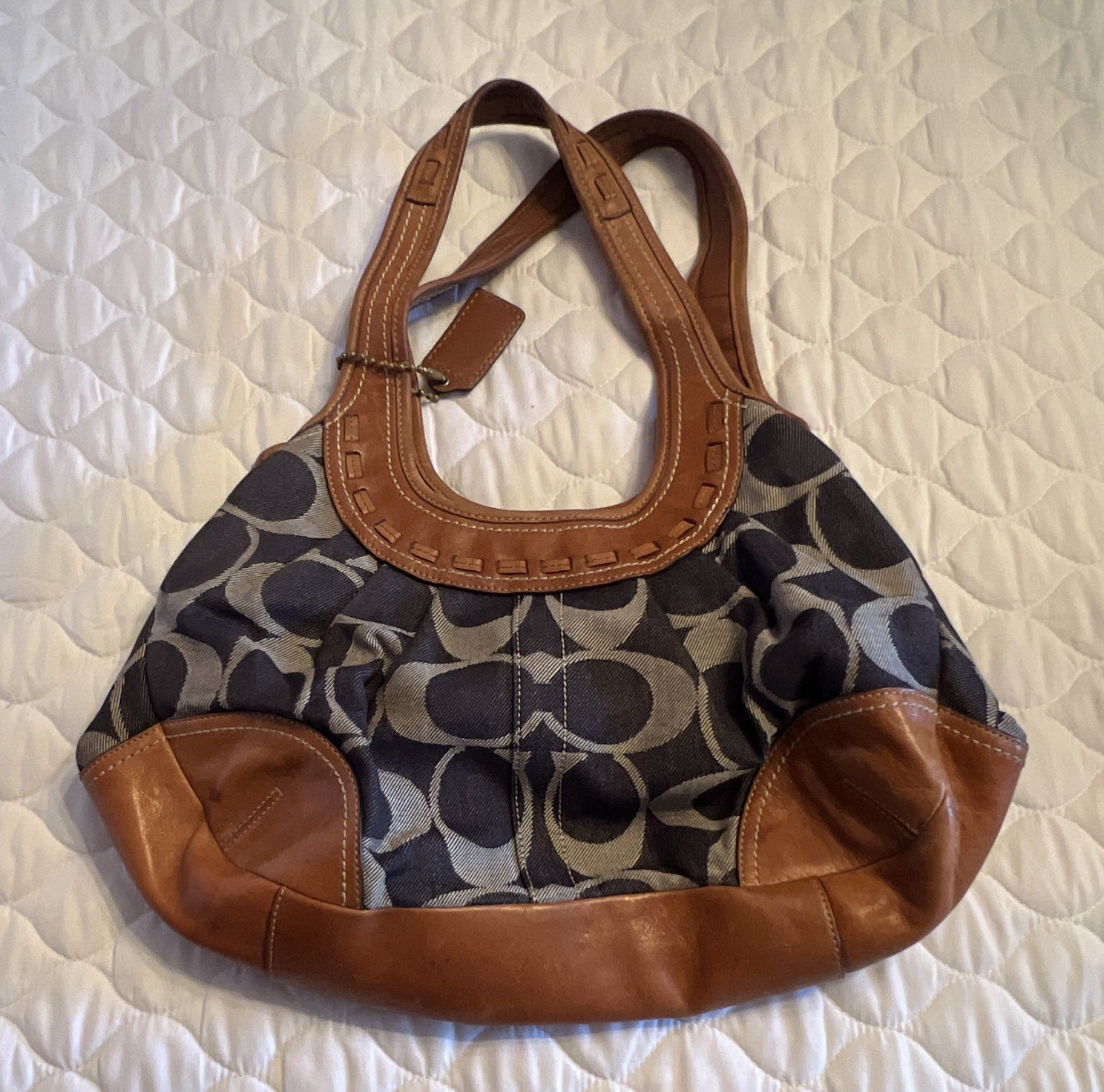 Coach Signature Logo Crescent Shoulder Bag Blue/Brown Snap, Brass, Hang Tag