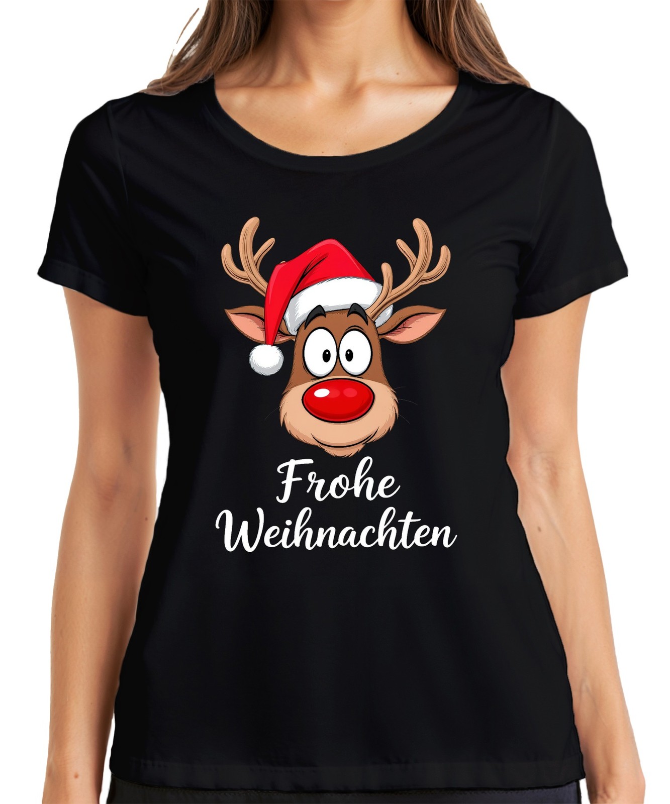 Merry Christmas Reindeer Rudolf Cartoon Cute Funny Gift Ladies T-Shirt