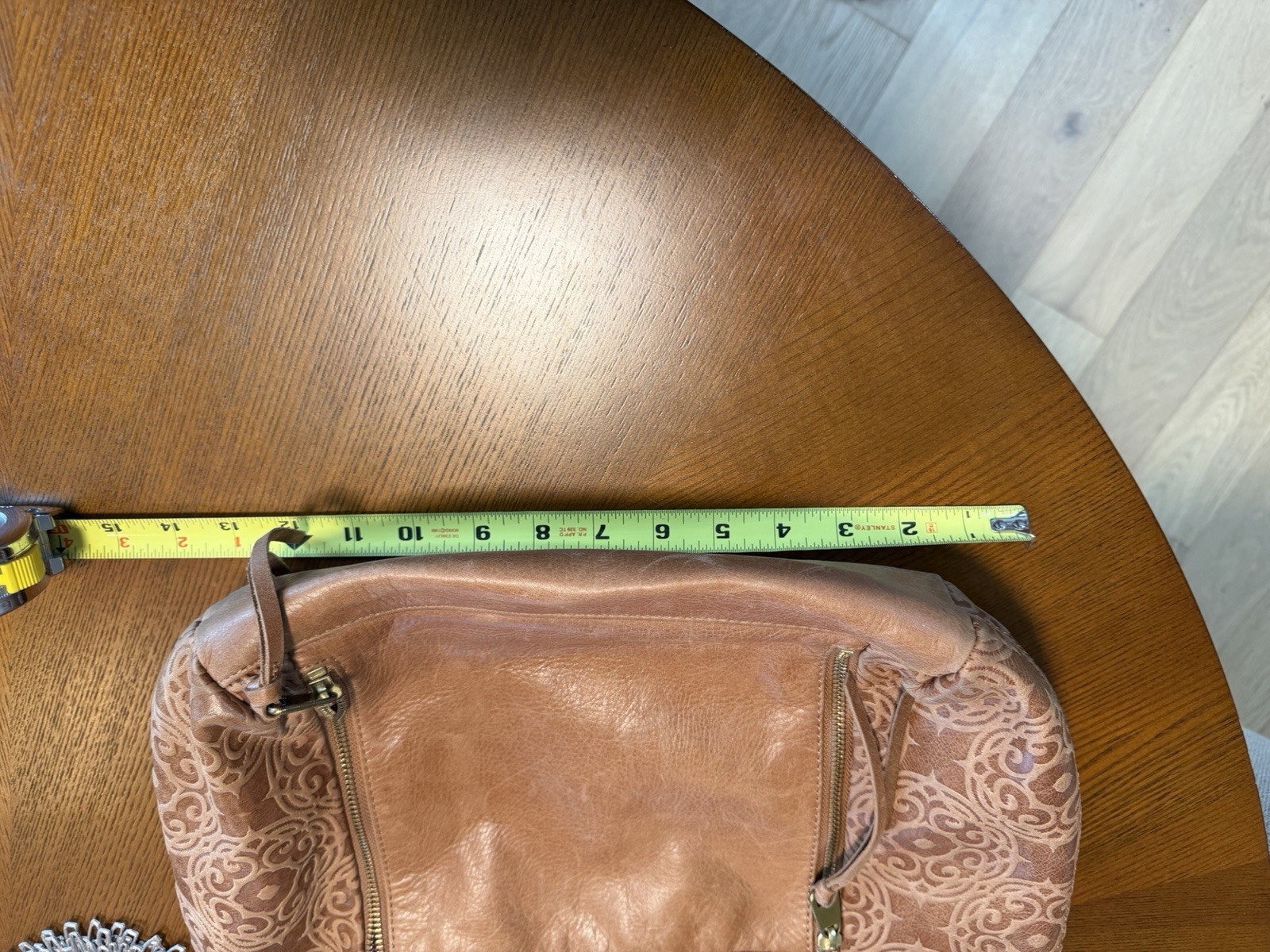 The Sak Brown Embossed Floral Tote Bag Zip Top Purple Lining Pockets Tassel