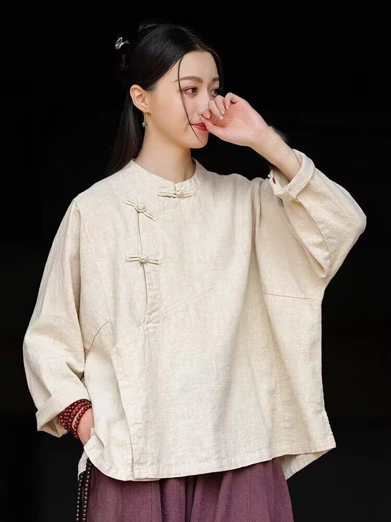 Chinese Style Womens Cotton Linen Retro Long Sleeve Loose Shirts Blouse Tops